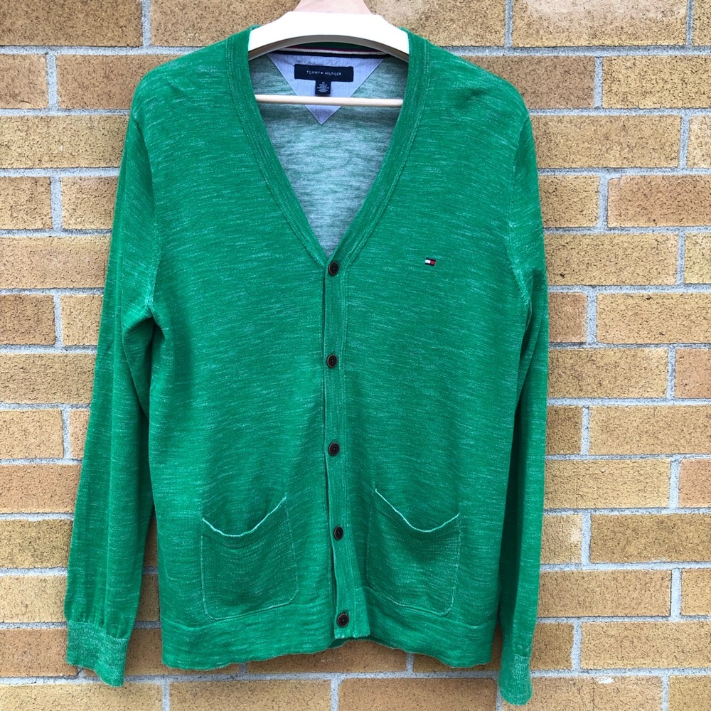 💚Tommy Hilfiger vibrant green cardigan Men’s 5 button V-neck sweater pockets -M-